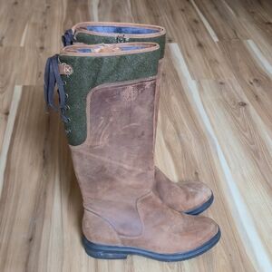 Clarks Brown Green Leather Riding Boots Lace-Up Vintage Knee-high Size 6